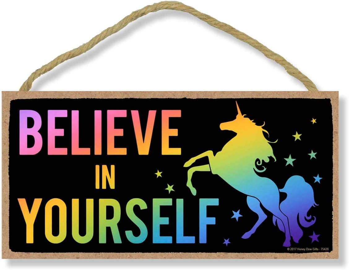 Believe in Yourself - Rainbow Unicorn - 5 x 10 inch Hanging Wall Art, Decorative Wood Sign Home Decor