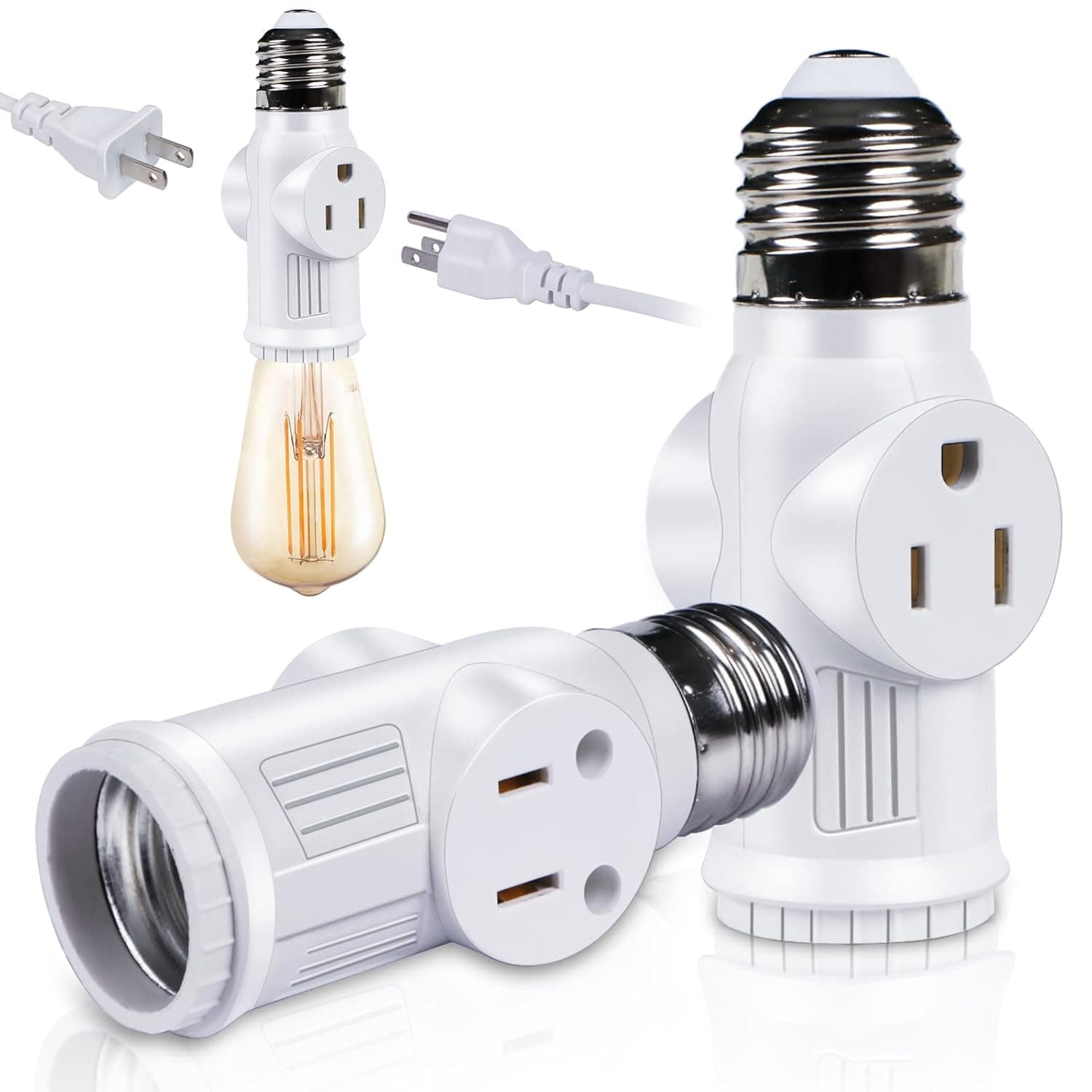 2 Pack Light Socket to Plug Adapter, 3 Prong Light Bulb Socket Adapter Converter, FCC Listed E26 Light Bulb Outlet Socket Adapter to 2/3 Prong Outlet Plug Splitter Converter for Garage Porch Workshops