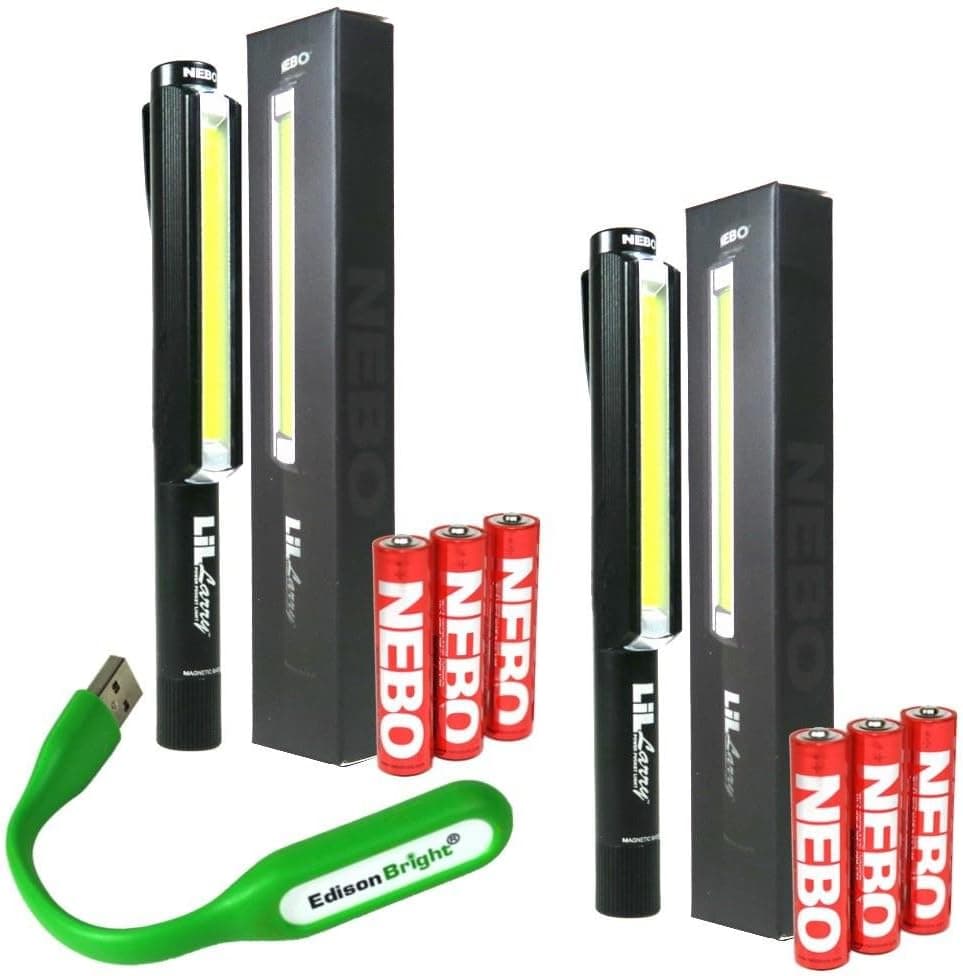 2 PACK Nebo LiL Larry 250 lumen 6373 Flashlight Super Bright COB LED Magnetic Worklight, Black with 6 Nebo AAA batteries and EdisonBright USB powered reading light bundle