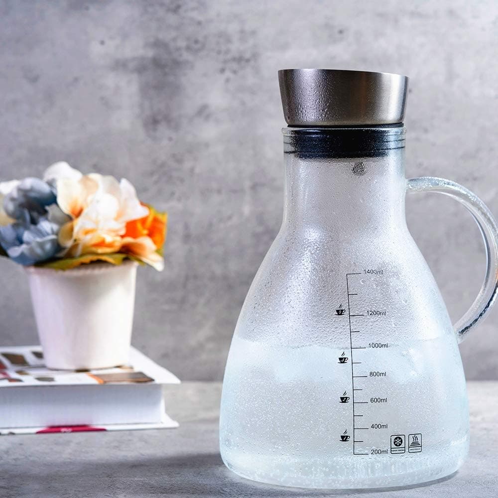 Heat Resistant Borosilicate Glass Water Pitcher with Lid, 1.5L/51Ounces Stainless Steel Iced Tea Coffee Cold Pitcher Cold Brew Coffee Maker Hot/Cold Water Jug Kettle Fruit Juice Container Bottle