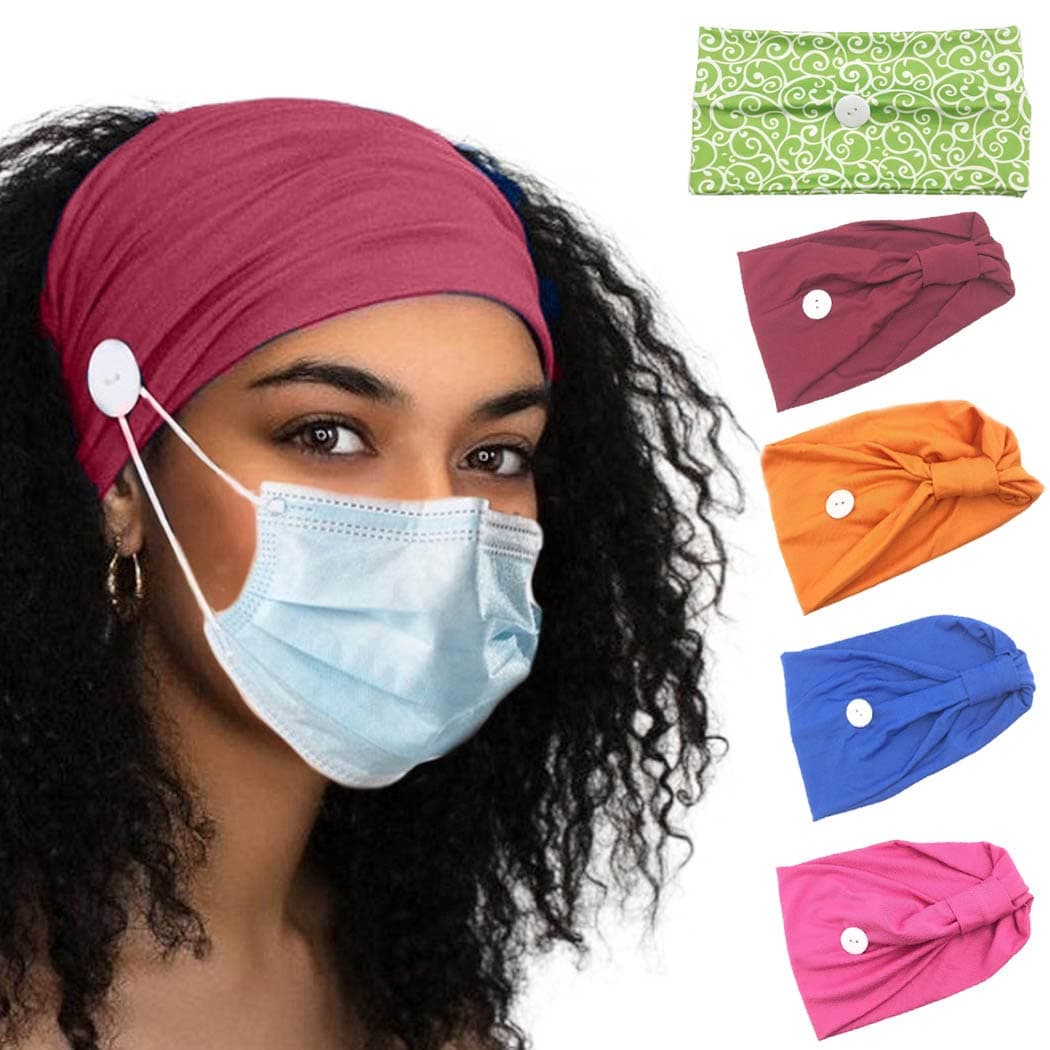 Bohend Fashion Button Wide Women Headbands 5 Pack Sports Outdoor Hair Bands Cotton Stretchy Daily Use Yoga Hair Accessories for Women and Girls
