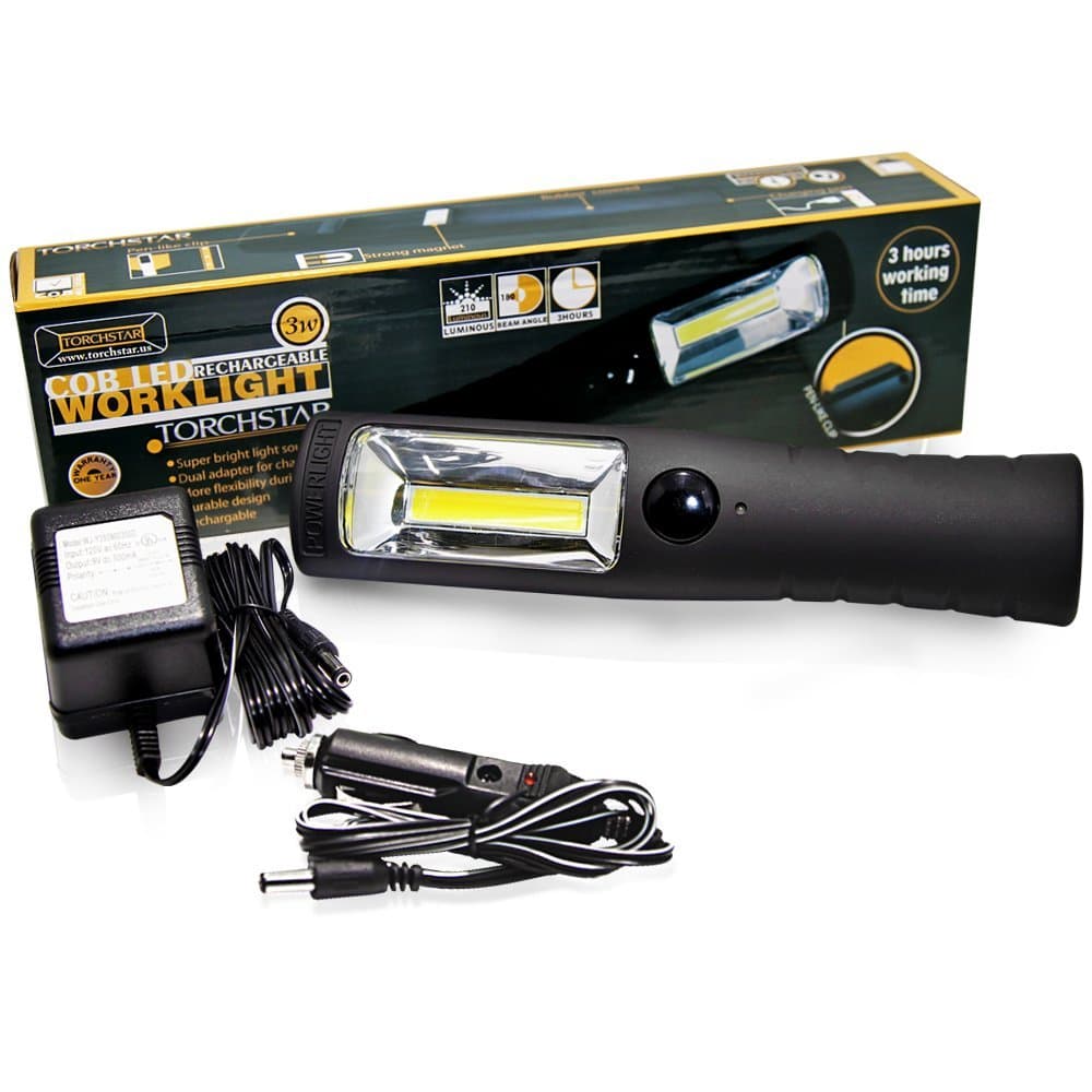 3W Rechargeable COB LED Work Light w/Clip, Magnet, Car Charger, UL Listed Power Supply - Portable Cordless Work Lamp - All Purpose - RWL-06