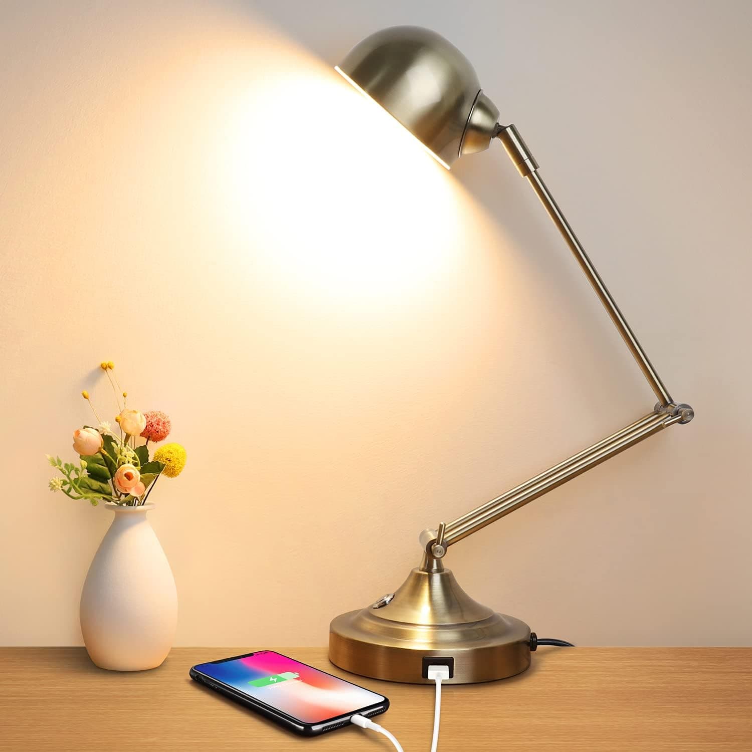 Mlambert 3-Color in 1 LED Desk Lamp with USB Charging Port, Swing Arm, Fully Dimmable, Eye-Caring Task Lamp, Touch Control Brass Metal Architect Drafting Table Lamp for Bedside, Office, Work, Reading