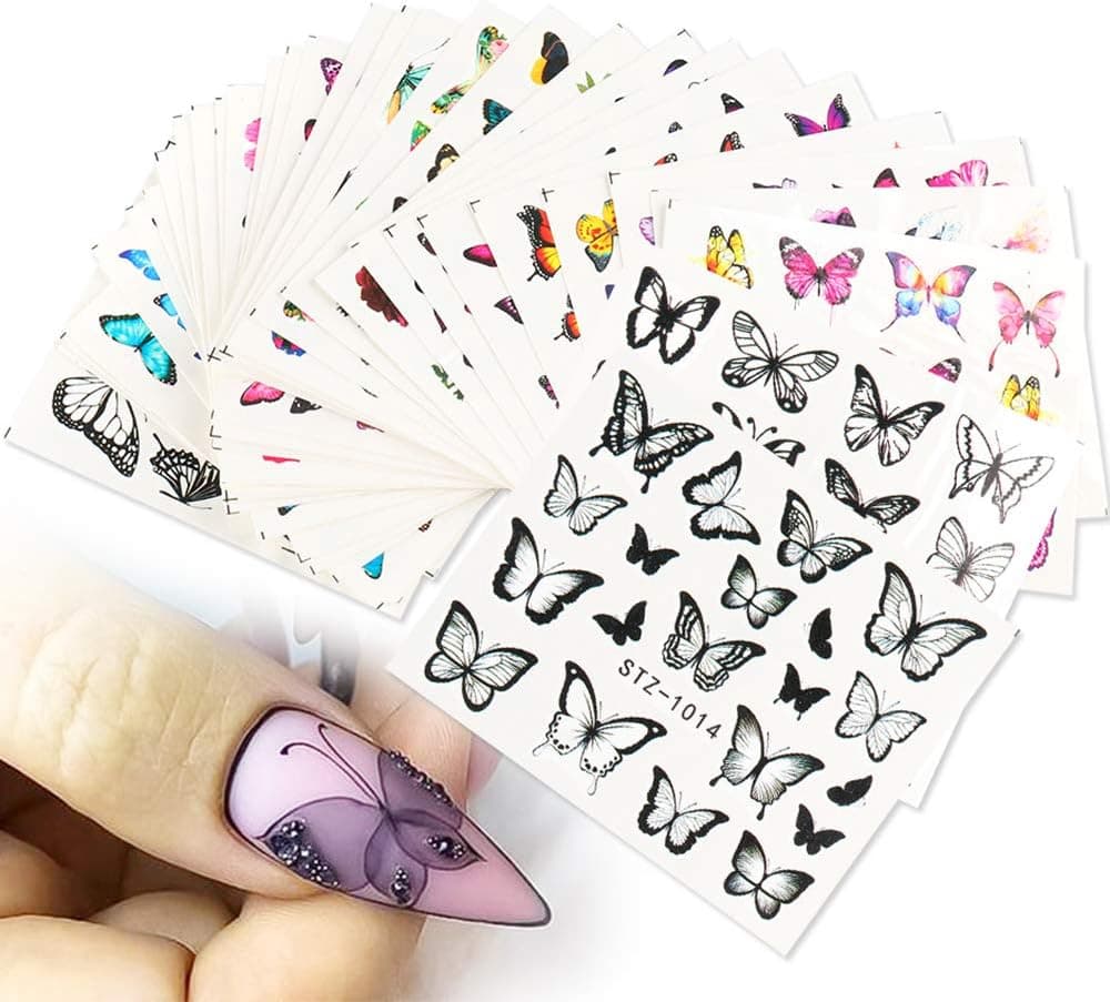Butterfly Nail Art Stickers Decals Colorful Butterflies Nail Design Water Transfer Nail Decals Holographic Foil Tattoo Butterfly Nail Supplies for Acrylic Manicure Nail Tips Beauty Decoration 30PCS