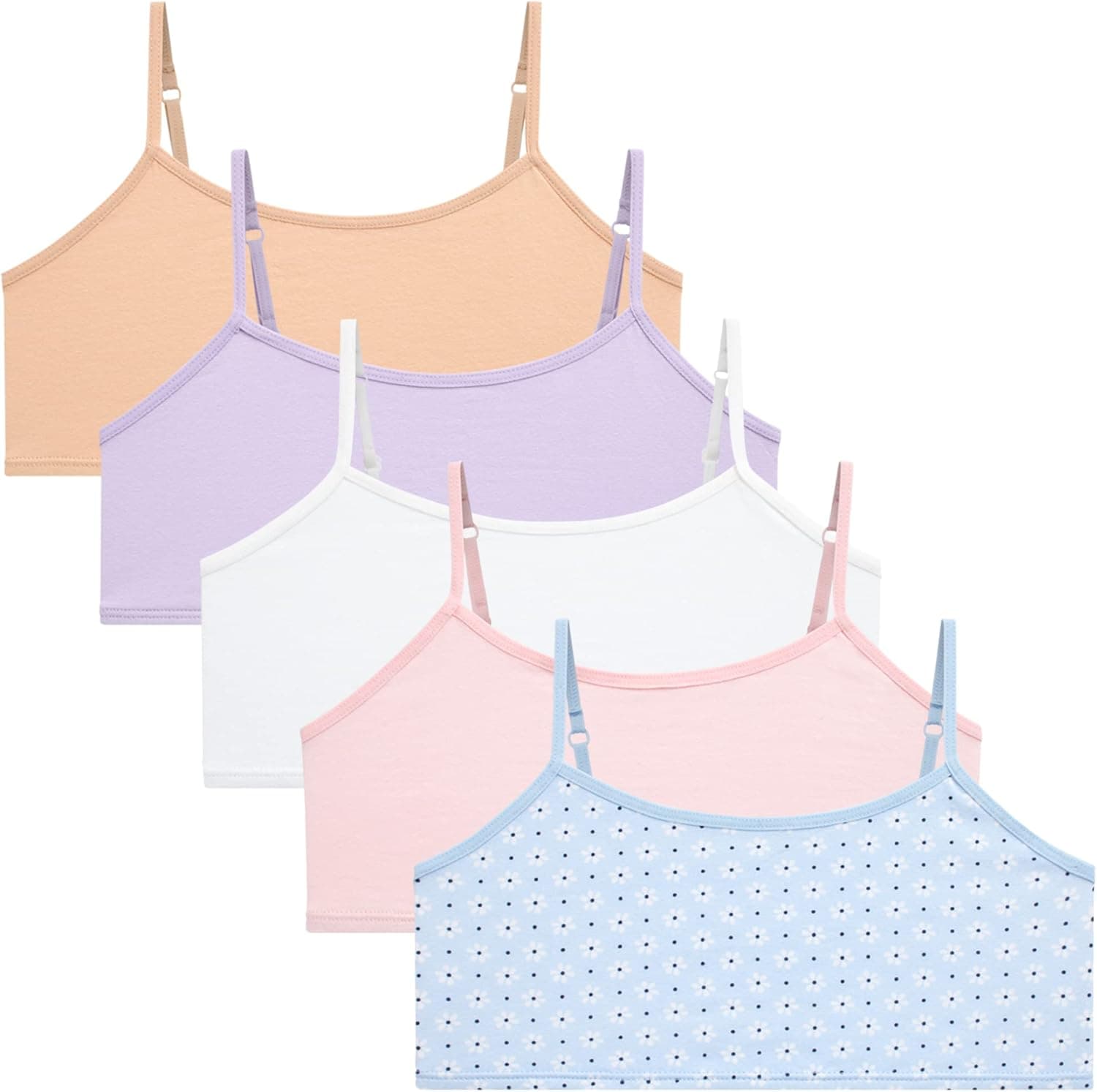 Rene Rofe Girls' Joelle Training Bra – 5 Pack Stretch Cotton Cami Bralette – Bra for Girls, Adjustable Straps (7-14)