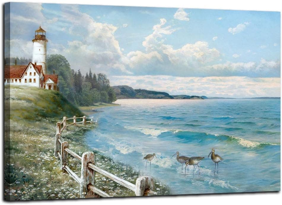 Anolyfi Ocean Coastal Seascape Painting Lighthouse Canvas Wall Art Summer Blue Natural Scenery Picture Modern Artwork Framed for Bathroom Living Room Bedroom Dinning Room Home Office Decor 36"X24"