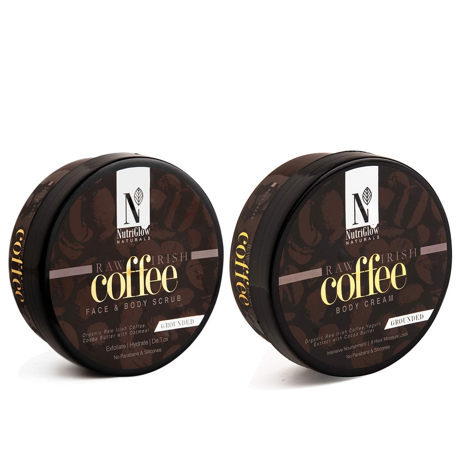 NutriGlow Natural's Raw Irish Coffee Face & Body Scrub 7.05 Oz + Body Cream 7.05 Oz, 100% Natural Body Scrub for Nourish & Moisturize Skin Combo (Pack of 2)