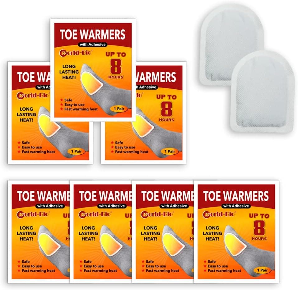World-BIO Toe Warmers Adhesive 7/10/12/15 Pairs - Long Lasting Safe Natural Odorless Air Activated Warmers Up to 8 Hours of Heat - Heated Insoles Toe Foot Warmers Keep Foot Warm in Chill Winter