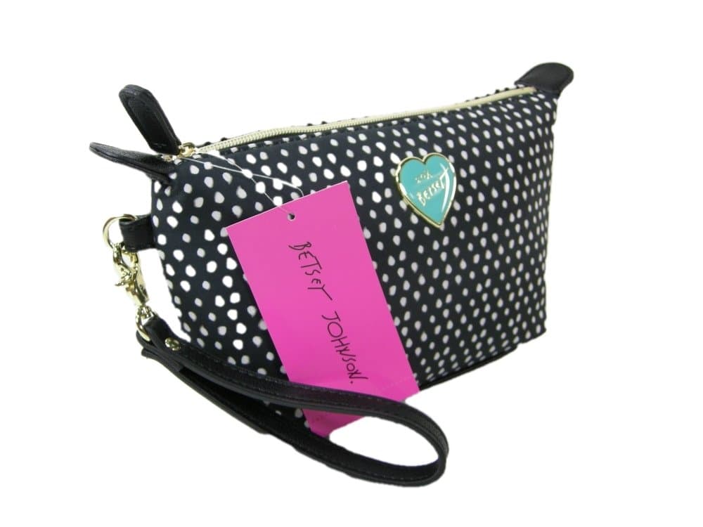 New Betsey Johnson Logo Cosmetics Make Up Bag Travel Case Trapezoid Black White