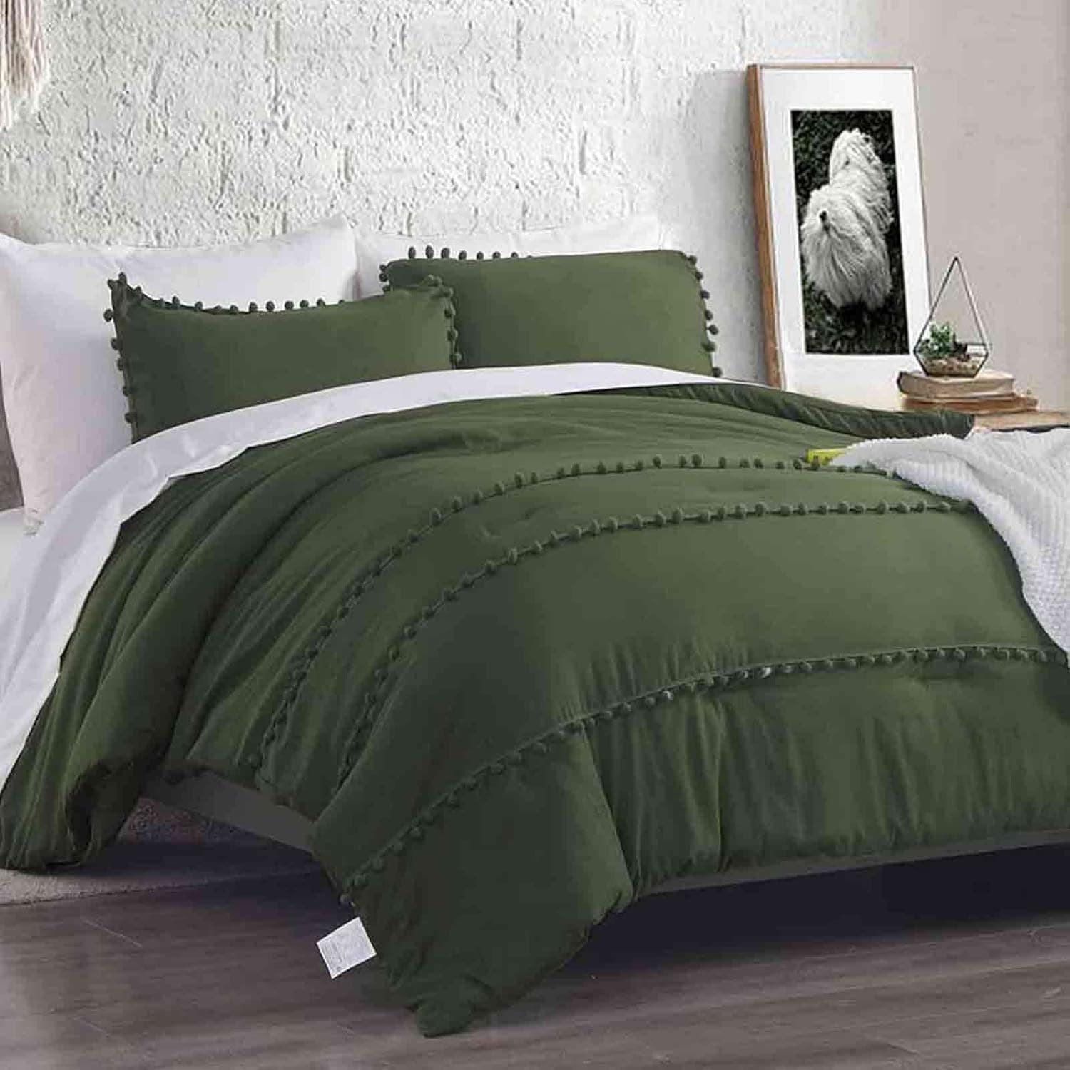 Bedding Comforter Set Queen Size - 7 Piece Boho Chic Pom Microfiber Bed in a Bag, 90x90 Soft & Lightweight Farmhouse Thin Down Alternative Comforter with Sheets for All Seasons, Dark Olive Green