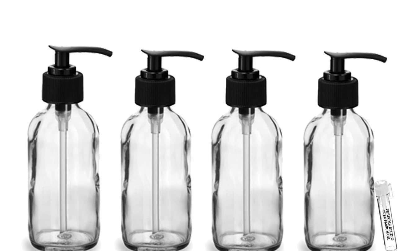 Clear Glass Pump Bottle 4 oz - Perfume Studio® Pack of 4 Boston Round Clear Glass Pump Bottles (Lead/BPA Free Pump Bottles with a Complimentary Perfume/Essential Oil Vial Sample)