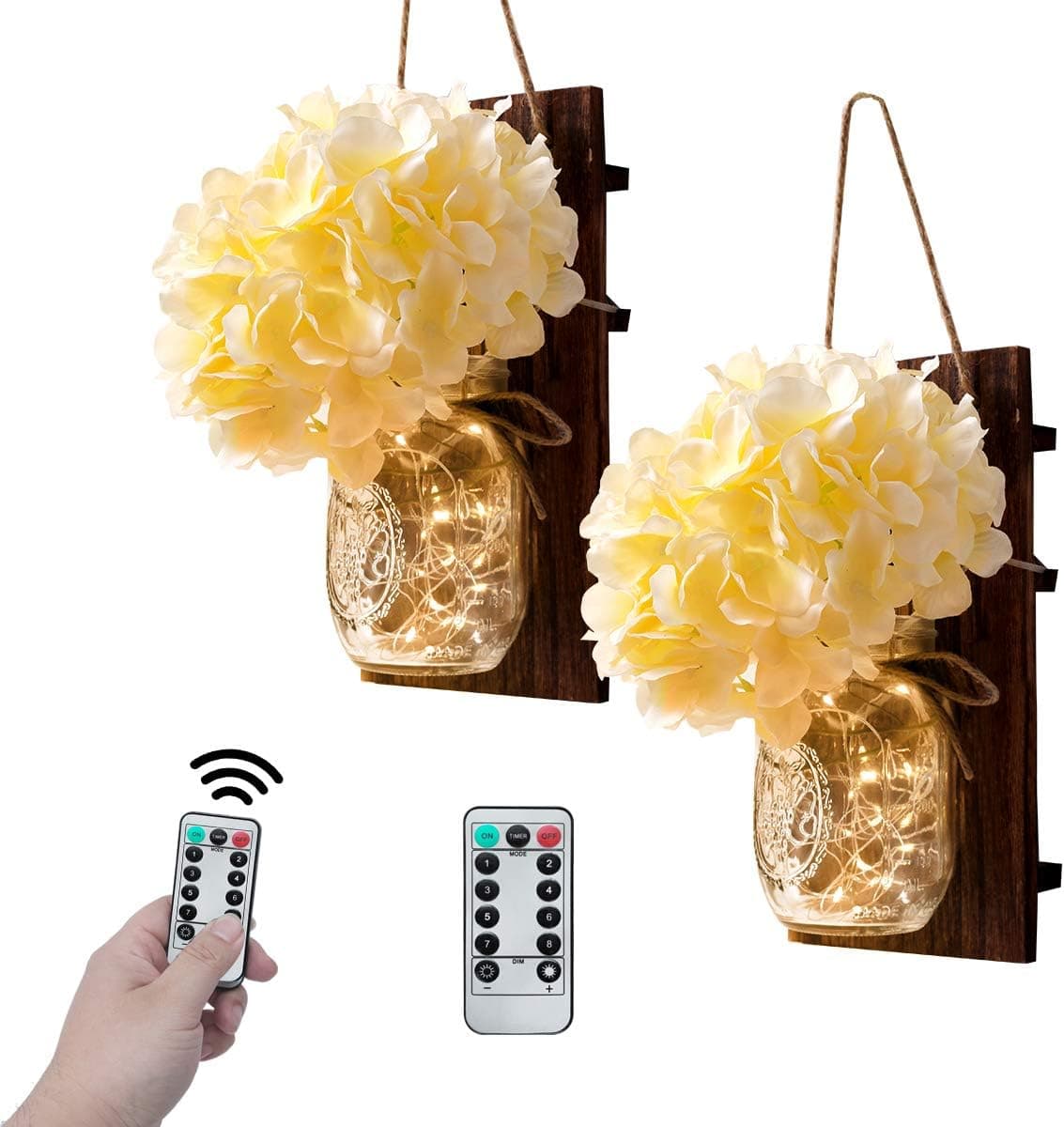 VIEFIN Mason Jar Sconces Wall Decor,Rustic Wall Sconces Home Decor with Remote Control, Silk Hydrangea,Brown Wood Board and LED Strip with 20 Fairy Lights(2 Pack, Beige)