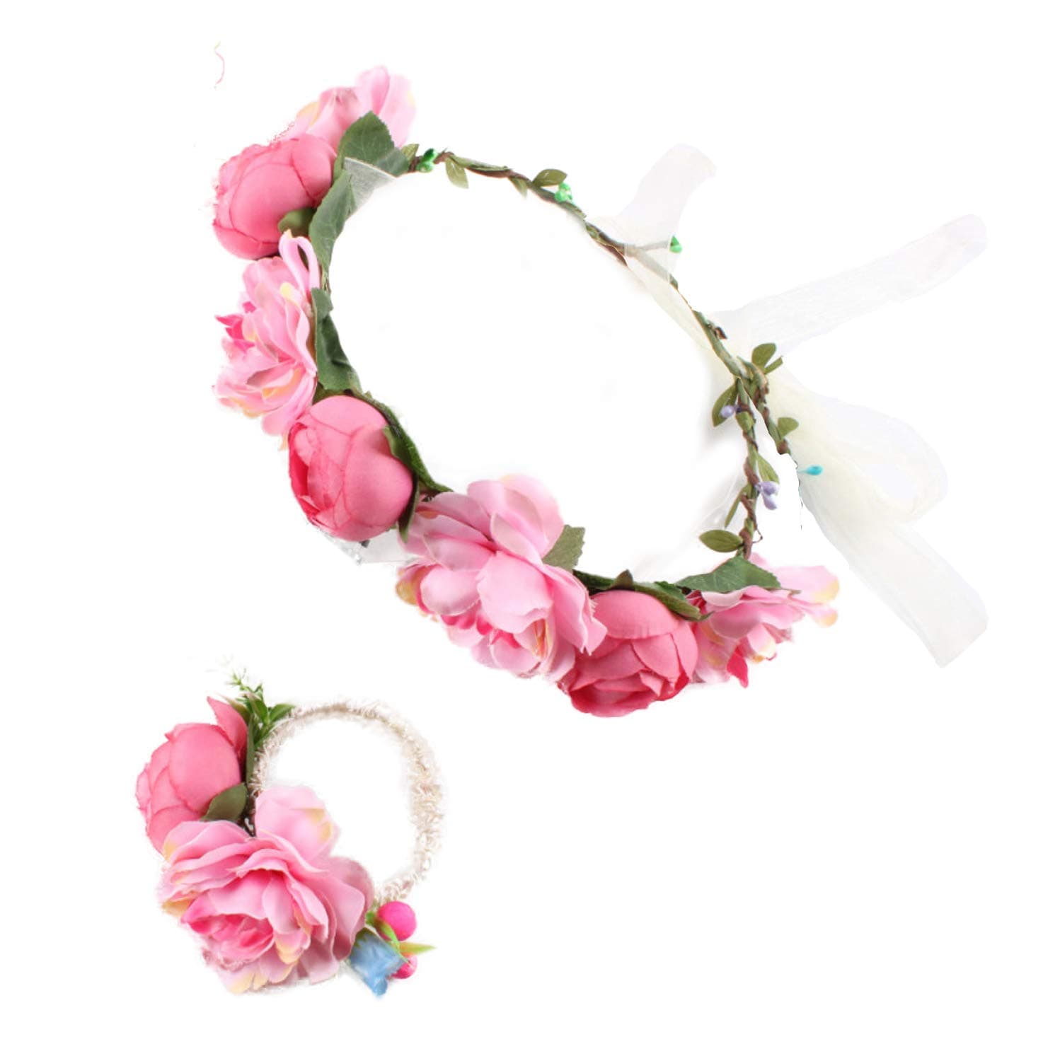 DDazzling Nature Berries Flower Crown with Floral Wrist Band for Wedding Festivals (Camellia Pink)