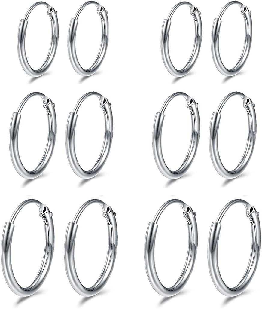 SHIWE Silver Small Hoop Earrings for Women Girls Sterling Silver Round Endless Hoop Earrings Set 8mm/10mm/12mm 6 Pairs
