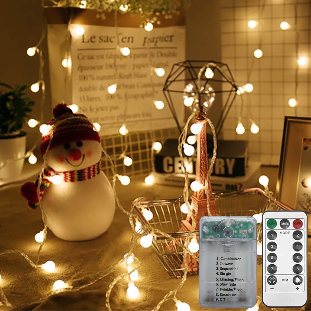 Gavenia 50FT 100 LEDs Battery Operated String Lights Globe Fairy Lights with Remote Control for Outdoor/Indoor Bedroom,Garden,Christmas Tree,Fall Lights Decorations,8 Modes,Timer, Warm White