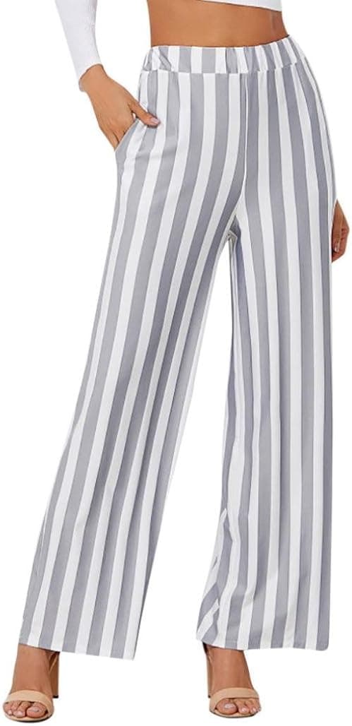 Women's Wide Leg Boho Palazzo Pants Elegant Striped Belted Flowy Wide Leg Pants