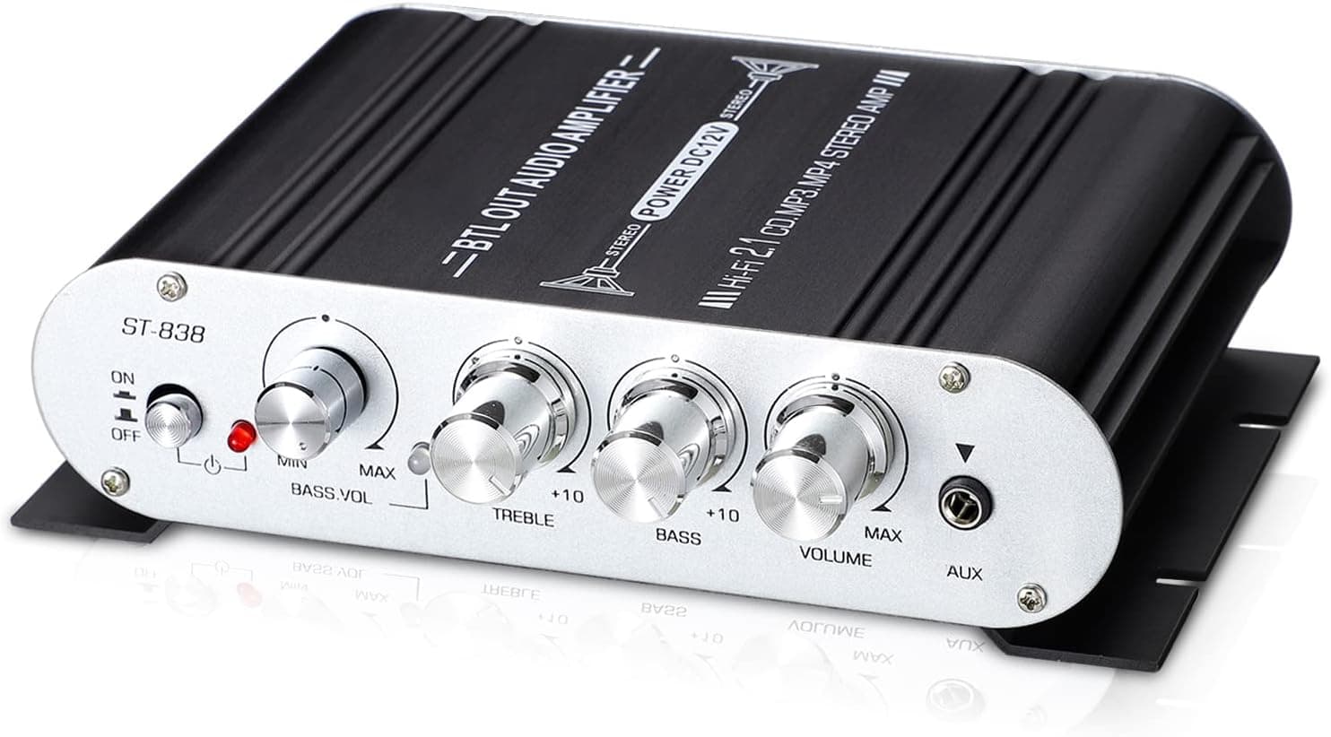 Facmogu ST-838 2.1CH Subwoofer Amplifier Audio Stereo Bass Amp, RMS 20Wx2+40W Class D Amplifier with Subwoofer Output, 80W Mini Sub Bass Amp Digital Power Amplifier with Power Supply - Black