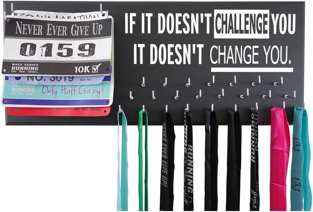 RunningontheWall - Running Accessories, Runners Medal Holder, Running Medal Display, Running Medal and bib Hanger, Marathon Race Rack, 5K, 10K, IF IT Doesn,T Challenge You IT Doesn't Change You