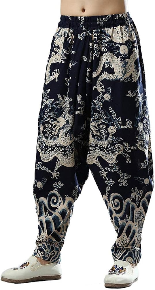Men's Hippie Drop Crotch Cotton Linen Jogger Pants with Dragon Print Elastic Waist
