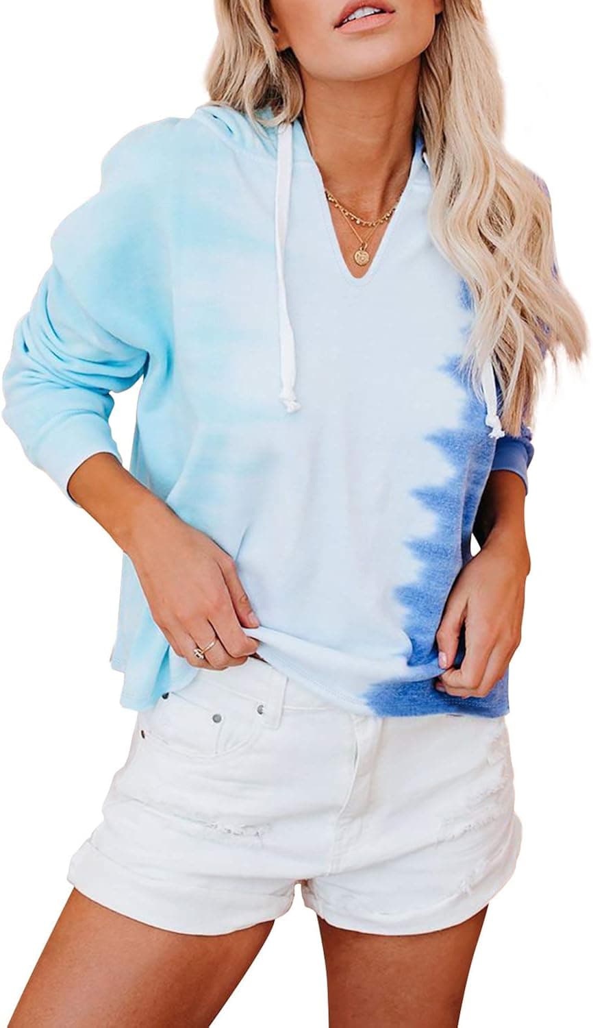 Astylish Womens Long Sleeve Oversized Baggy Tie Dye Tunic Shirts Fashion Casual Summer Print Tops and Blouses Loose Fit Red Blue M