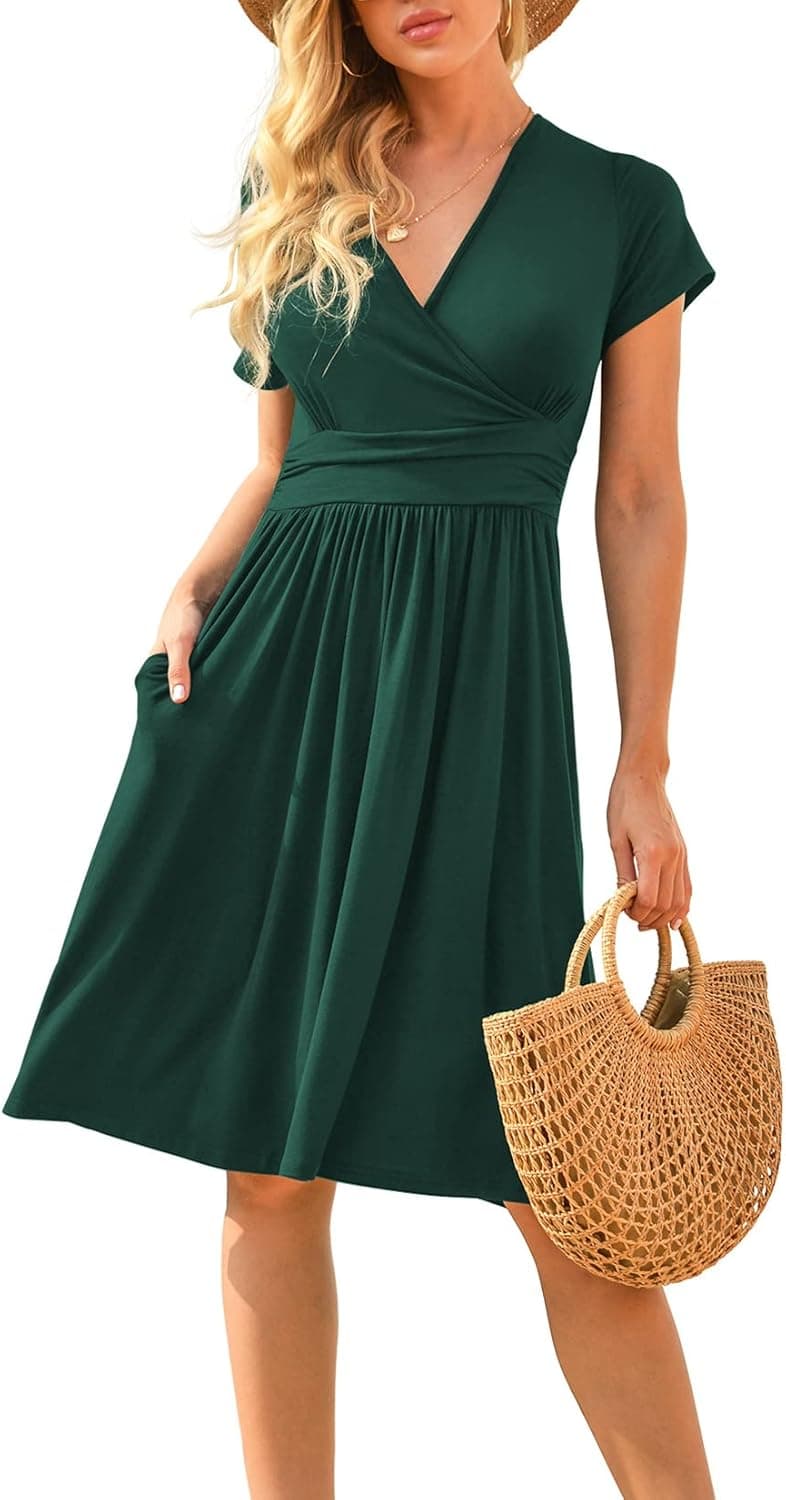 LILBETTER Women's Summer Casual Short Sleeve V-Neck Short Party Dress with Pockets
