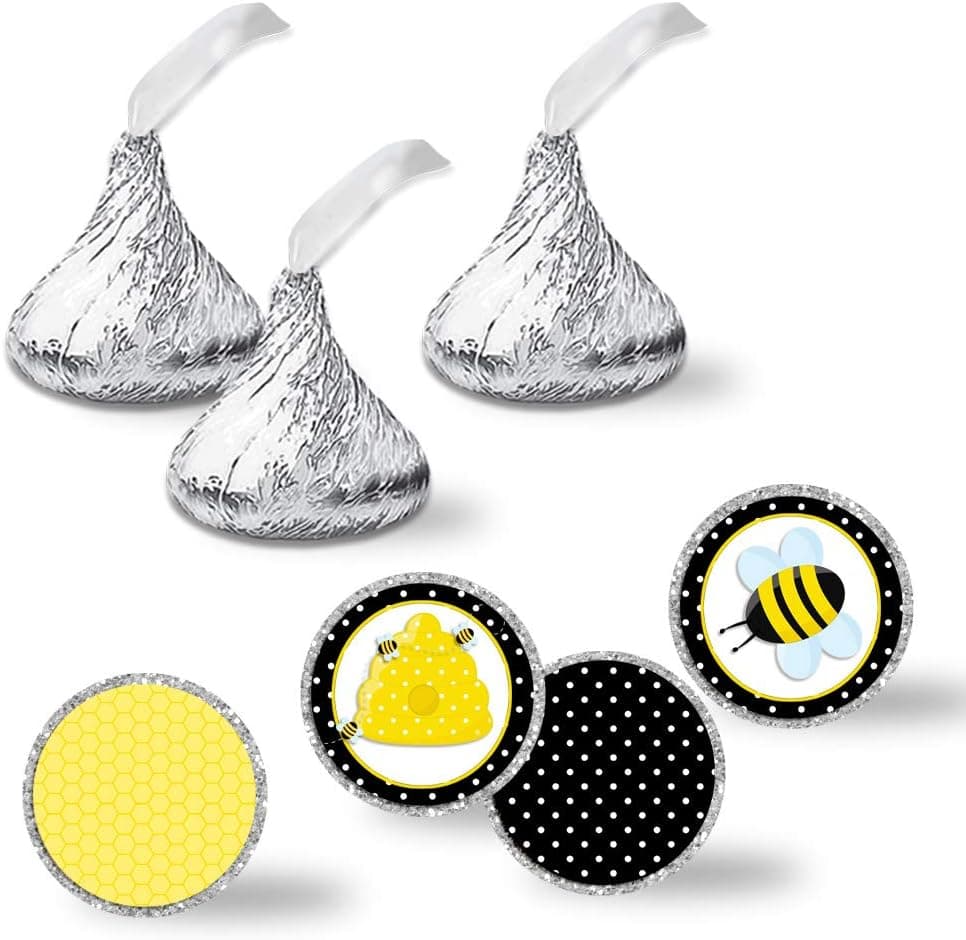 Buzzing Bumble Bee Birthday Party Kiss Sticker Labels, 300 Party Circle Sticker Sized 0.75” for Chocolate Drop Kisses by AmandaCreation, Great for Party Favors, Envelope Seals & Goodie Bags