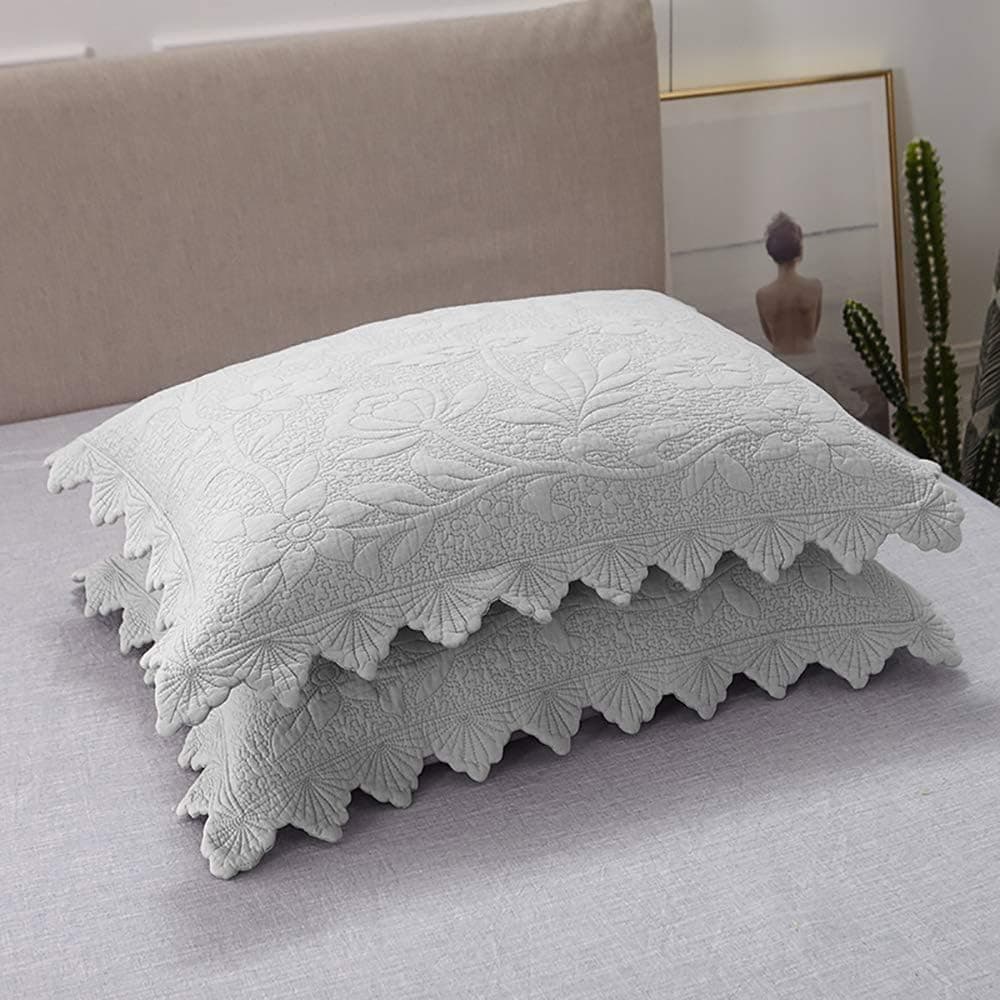 Brandream Quilted Pillow Shams Set of 2 Standard Size Cotton Grey Farmhouse Bedding Shabby Luxury Vintage Pillow Covers for Queen Full Size Bed