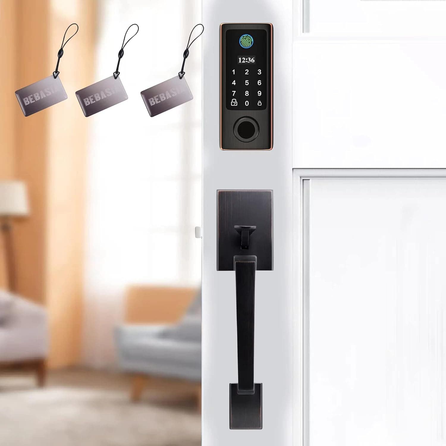 BEBASIA Fingerprint Door Lock with Handles, Keyless Entry Door Lock, Smart Door Lock, Electronic Keypad Deadbolt, Front Door Lock Handle Sets (Aged Bronze)