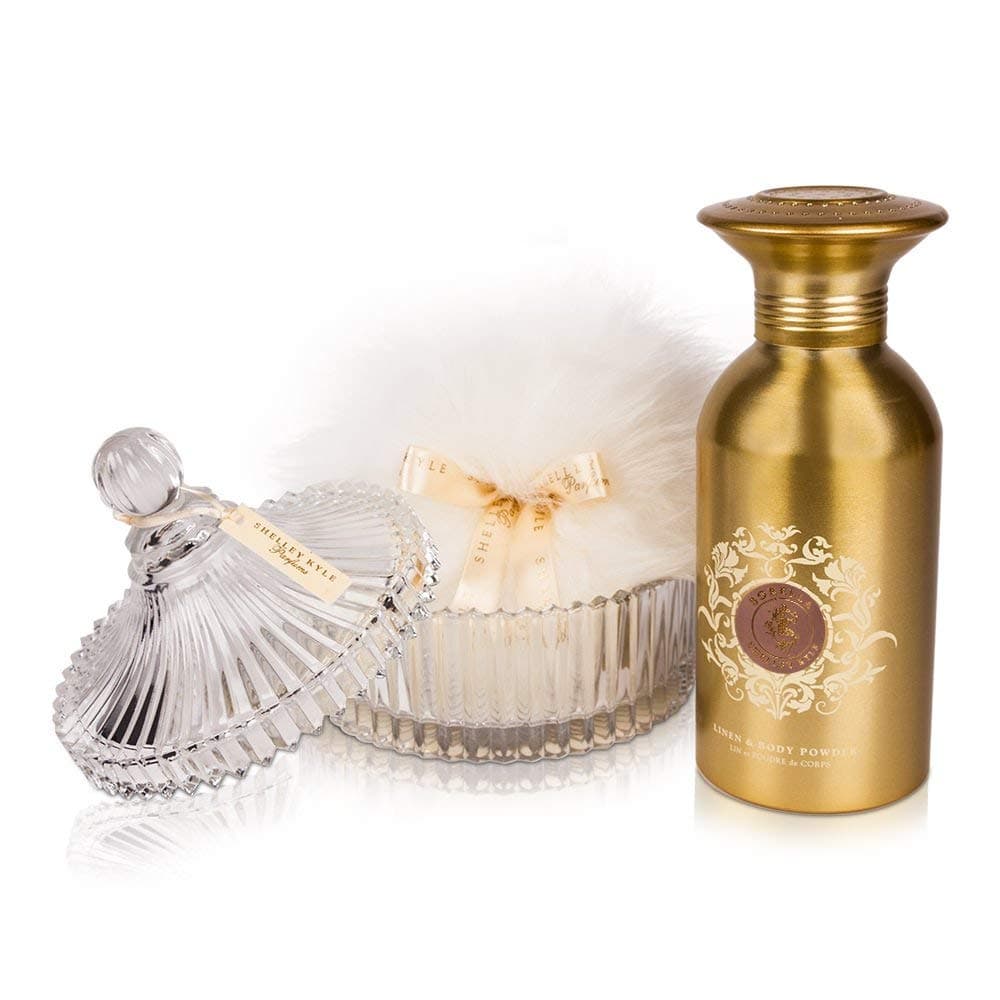 Shelley Kyle Sorella Body And Linen Powder Talc Free Set with Large Puff and Crystal Dish