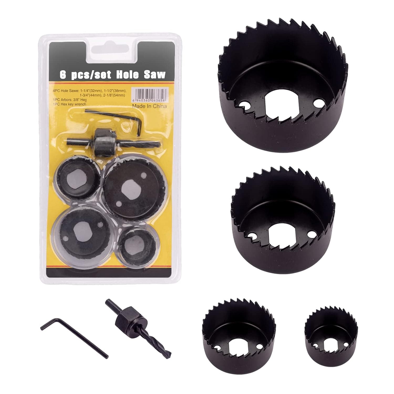 6PCS Hole Saw Set, 1-1/4" to 2-1/8" Durable Carbon Steel Hole Saw Drill Bit Kit for Wood, PVC, Plastic, Drywall with Arbor and Allen Key