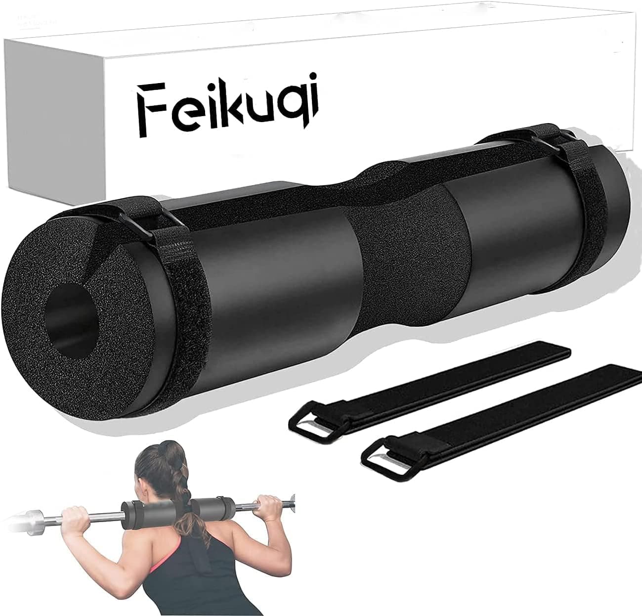 Feikuqi Barbell Squat Pad, Hip Thrust Pad with Hook & Loop Straps fits Standard and Olympic Bars, Foam Sponge Pad Provides Relief to Neck and Shoulders While Training