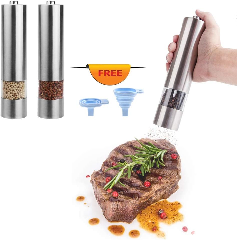 Electric Salt and Pepper Grinder Set, Stainless Steel Body, One Hand Operate Salt and Pepper Grinder,2 PCS Electric Salt and Pepper Grinder Set with Light