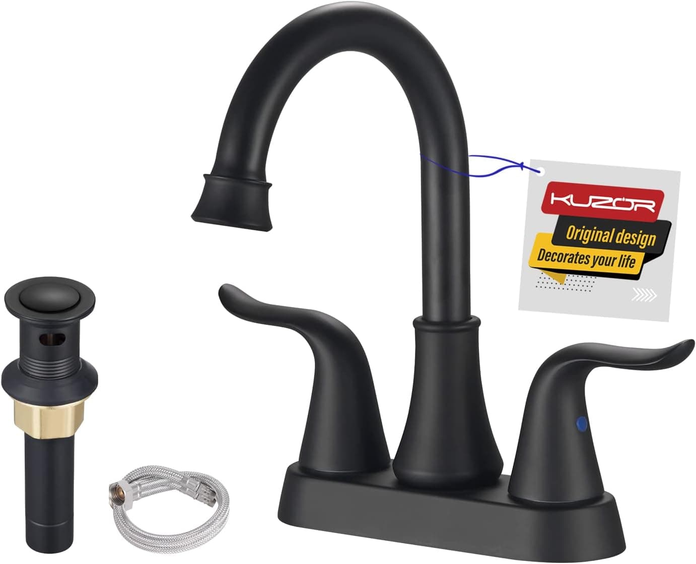 KUZOR Centerset Bathroom Faucets 2 Handle 3 Hole Bathroom Sink Faucet Matte Black Bathroom Faucet 4 Inch Swivel Spout with Pop Up Drain and Water Supply Lines