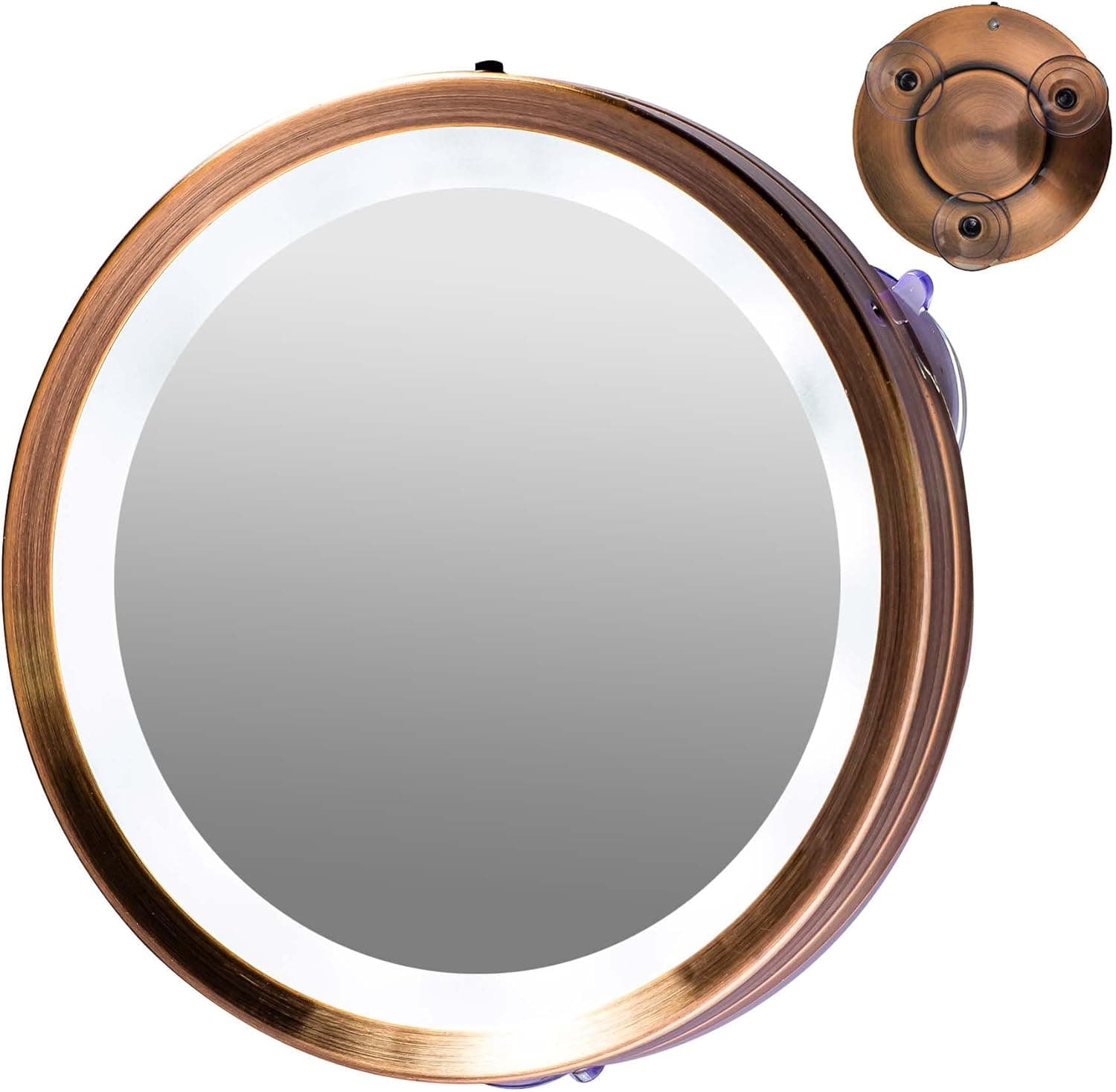 Ovente 6'' Suction Cup Magnifying Mirror, LED Lighted Wall Mount Makeup 8X Magnifier, One Sided Illuminated Reflection, For Bathroom Décor, Locker & Dorm, Battery Powered, Antique Copper MLI25CO