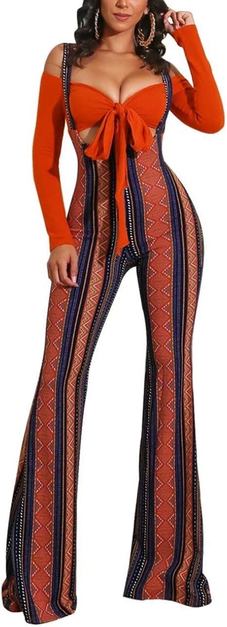 2 Piece Outfits for Women - Long Sleeve Tie Cropped Tops High Waisted Bell Pants Suspender Jumpsuits Overalls Sets