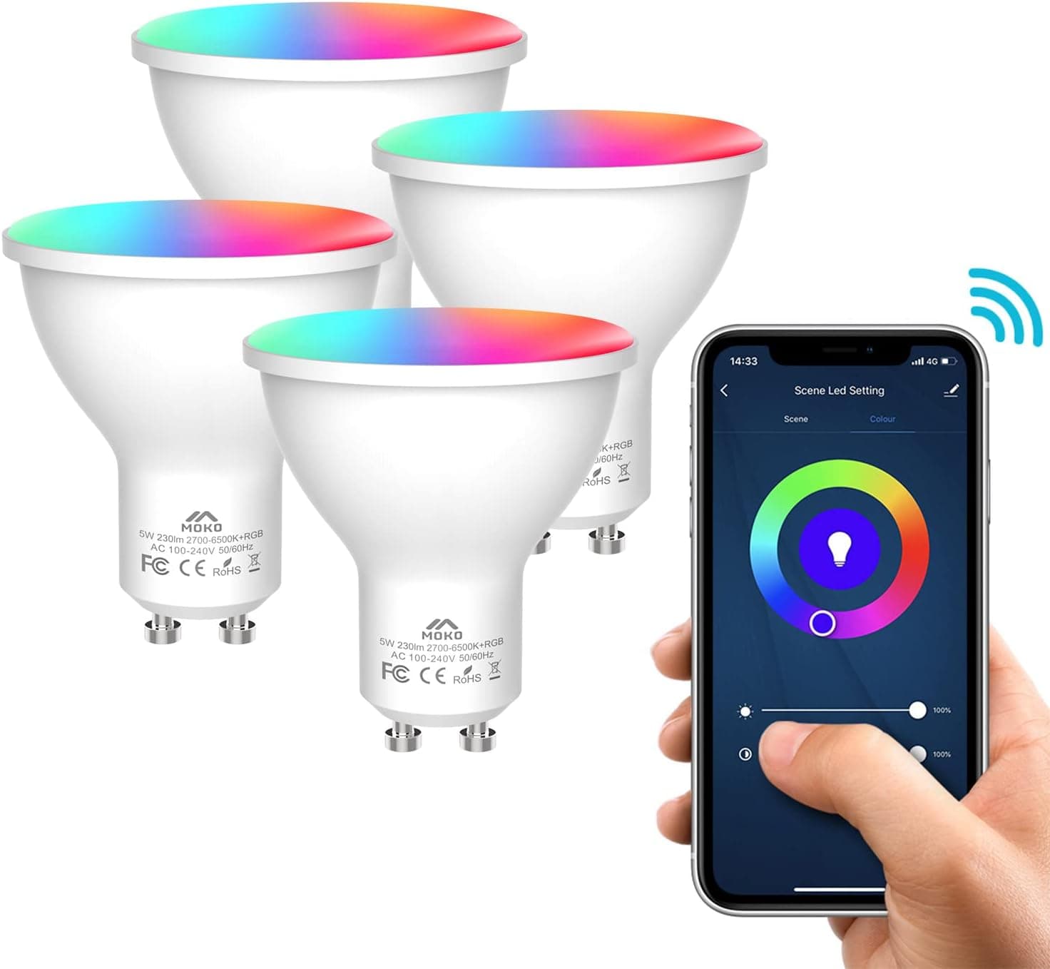 MoKo Smart WiFi LED Spot Light Bulb 5W GU10 Dimmable Spotlight RGB + Cool + Warm Light Work with Alexa Echo,Google Home,Compatible with SmartThings, Voice/APP Control, Timer, 2.4GHz Network, 4 Pack