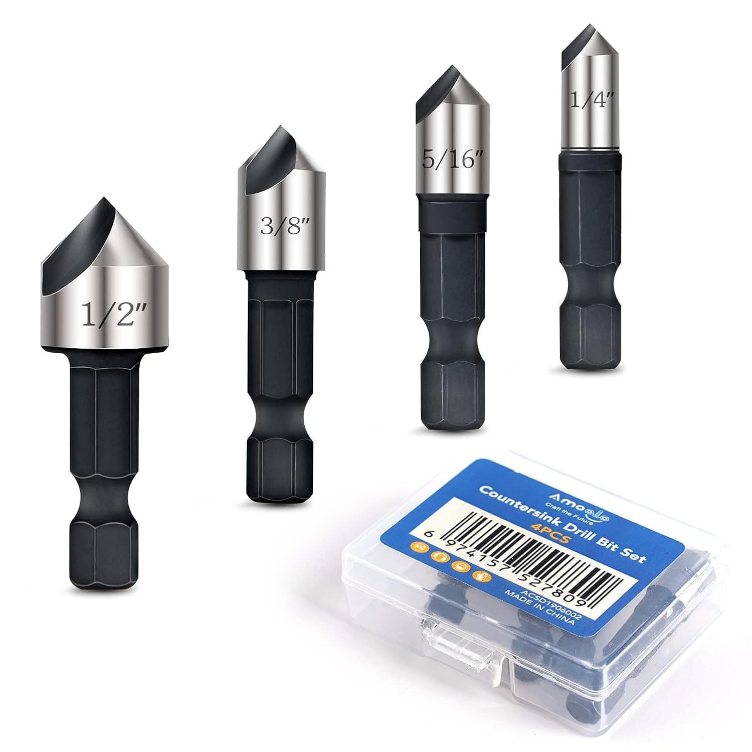 amoolo Countersink Drill Bit Set 4pcs (1/4”-1/2”), Countersink Bits for Wood, Hex-Shank Quick Change 82 Degree Counter Sinker Drill Bit for Woodworking, Fiberboard, Plywood, Plastic, PVC