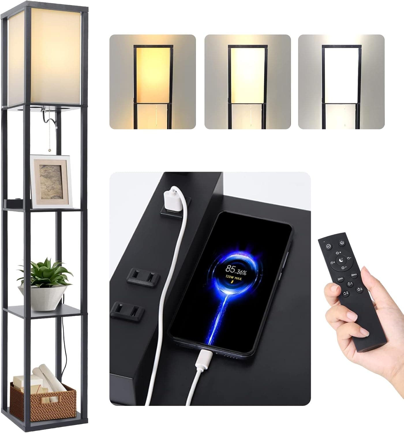 TooCust Led Floor Lamp with Shelf and Remote, Living Room Floor Lamp Shelf with 2 USB Port & AC Charging Station, Shelf Floor Lamp with Shelves Standing Lamp Column Floor Lamps for Bedroom (Black)