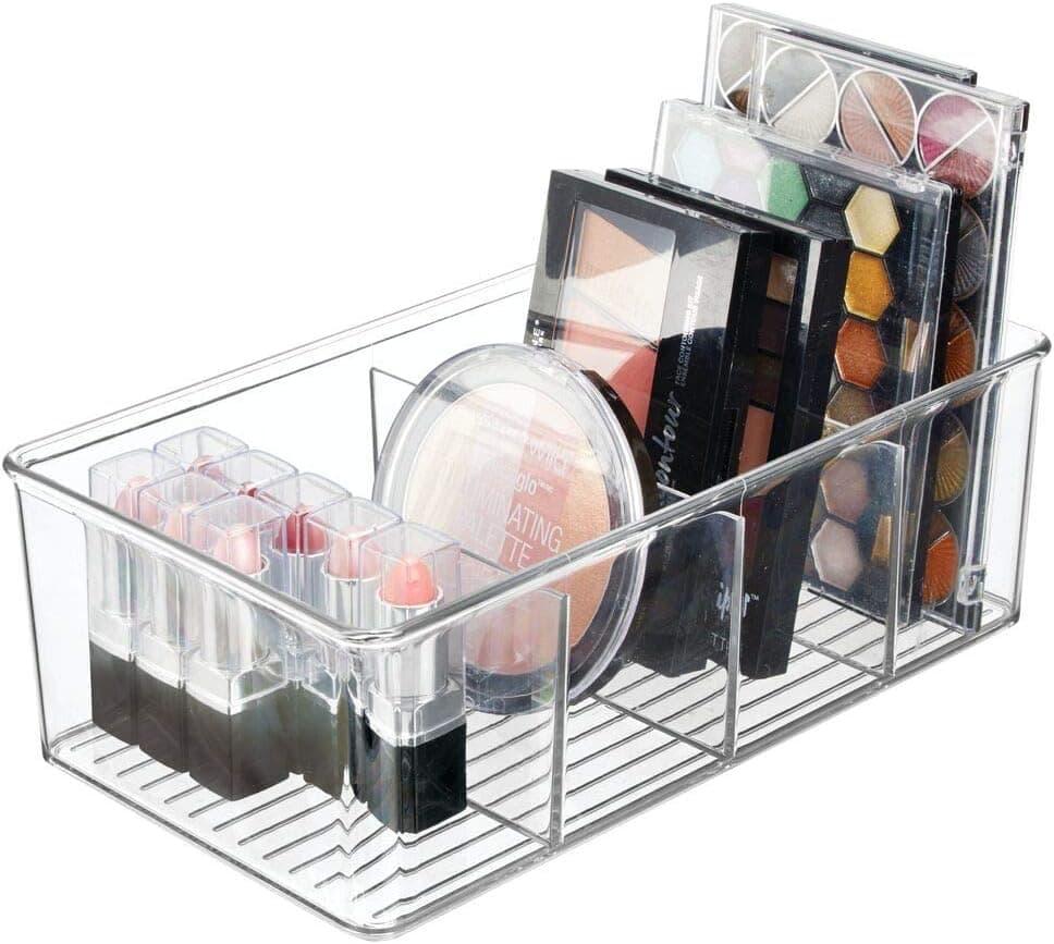mDesign Plastic Cosmetic Storage Organizer Bin Box - 4 Divided Sections - Holder for Makeup, Cosmetics, Nail Polish, Vitamins, Shaving Kits, Hair Spray, Medical Supplies, First Aid - Clear