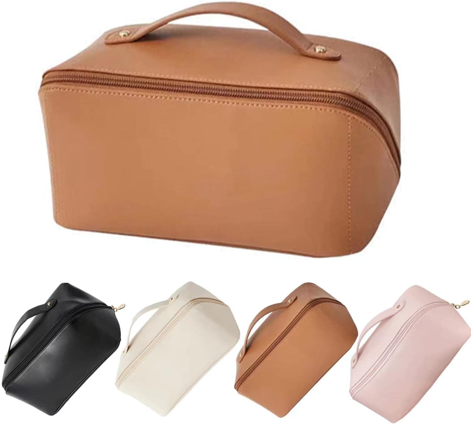 Portable Large Capacity Travel Cosmetic Bag for Women,Multifunctional Double Layered Makeup Bag,Waterproof Leather Travel Accessories Organizer,Toiletry Storage Bag with Handle and Divider (Brown)