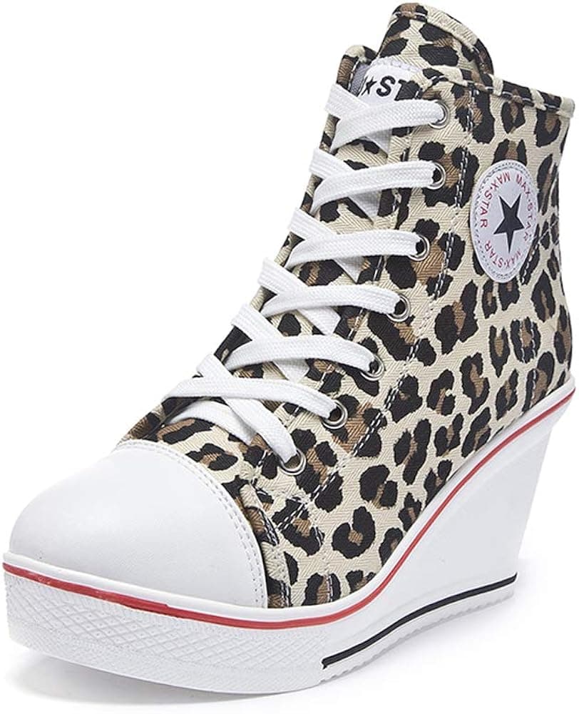 Nesyd Women's Sneaker High-Heeled Canvas Shoes High-Top Wedge Sneakers Platform Lace up Side Zipper Pump Fashion Sneakers (7-7.5 B(M) US, Leopard Print)