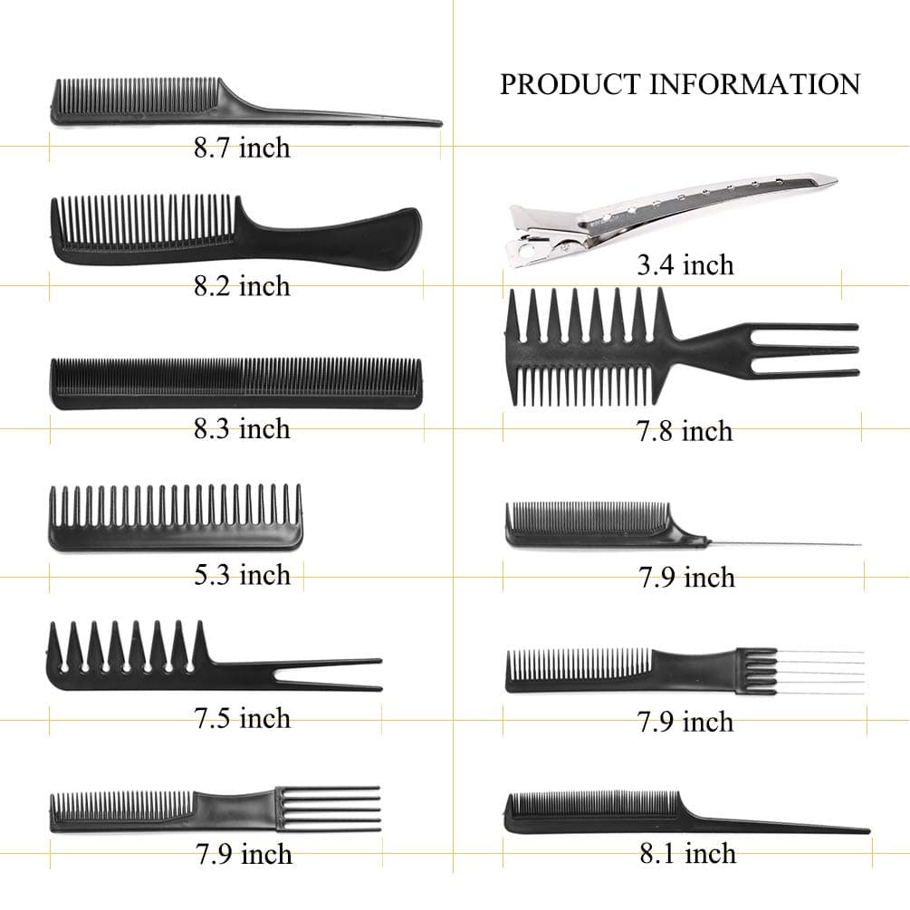 10 Pieces Hair Combs for Women - Magic Professional Styling Comb Set with 12 Pieces Duck Bill Clips Salon Barber Anti-static Hair Comb Styling Comb Set Hair Styling Comb with Silver Metal Clip