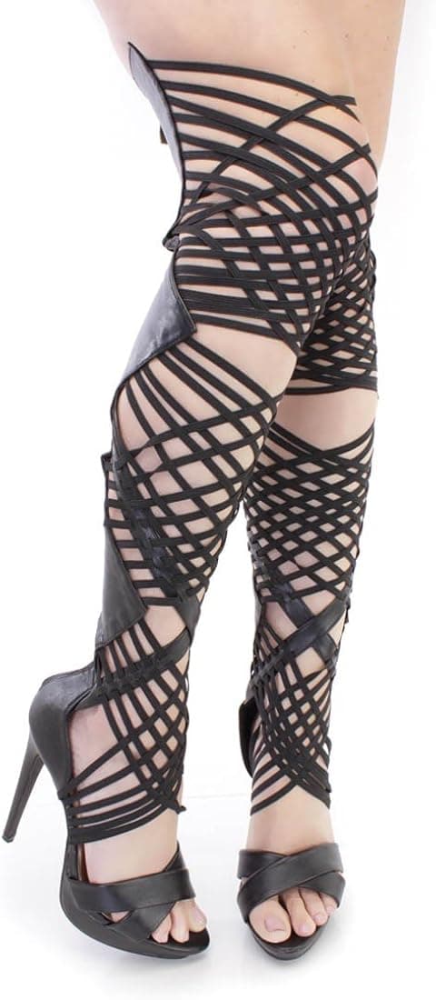 AMI Clubwear Black Strappy High Heel Thigh High Boots Faux Leather (black)