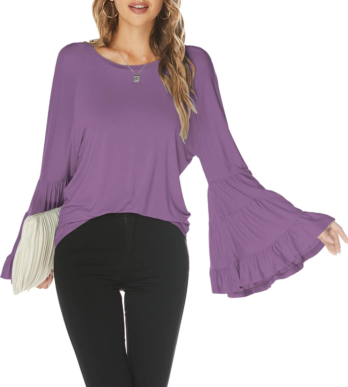 Hount Women Casual Long Bell Sleeve Tops Loose Round Neck T Shirt Flare Sleeve Shirt Tops