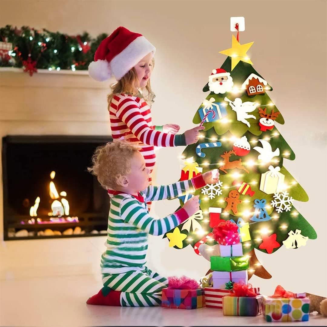 Felt Christmas Tree Set with 32PCS Ornaments Wall Hanging Tree, 3.2 FT Montessori Christmas Tree Set for Kid Detachable Ornaments DIY Xmas Gifts for Christmas Tree Wall Hanging Decorations (Green)