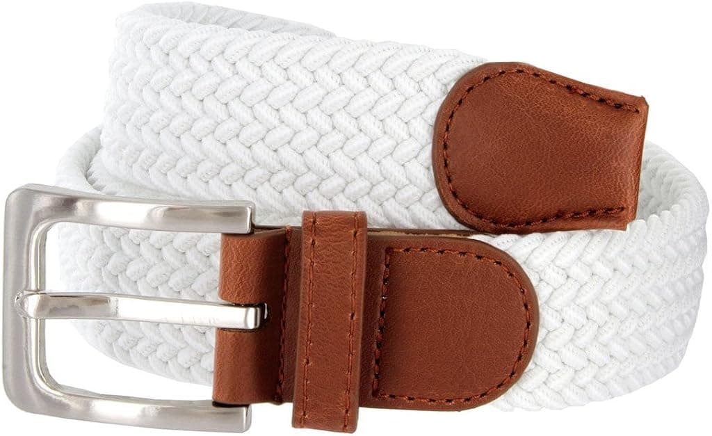 Mens Braided Elastic Fabric Woven Stretch Belt Leather Inlay (White, Small)