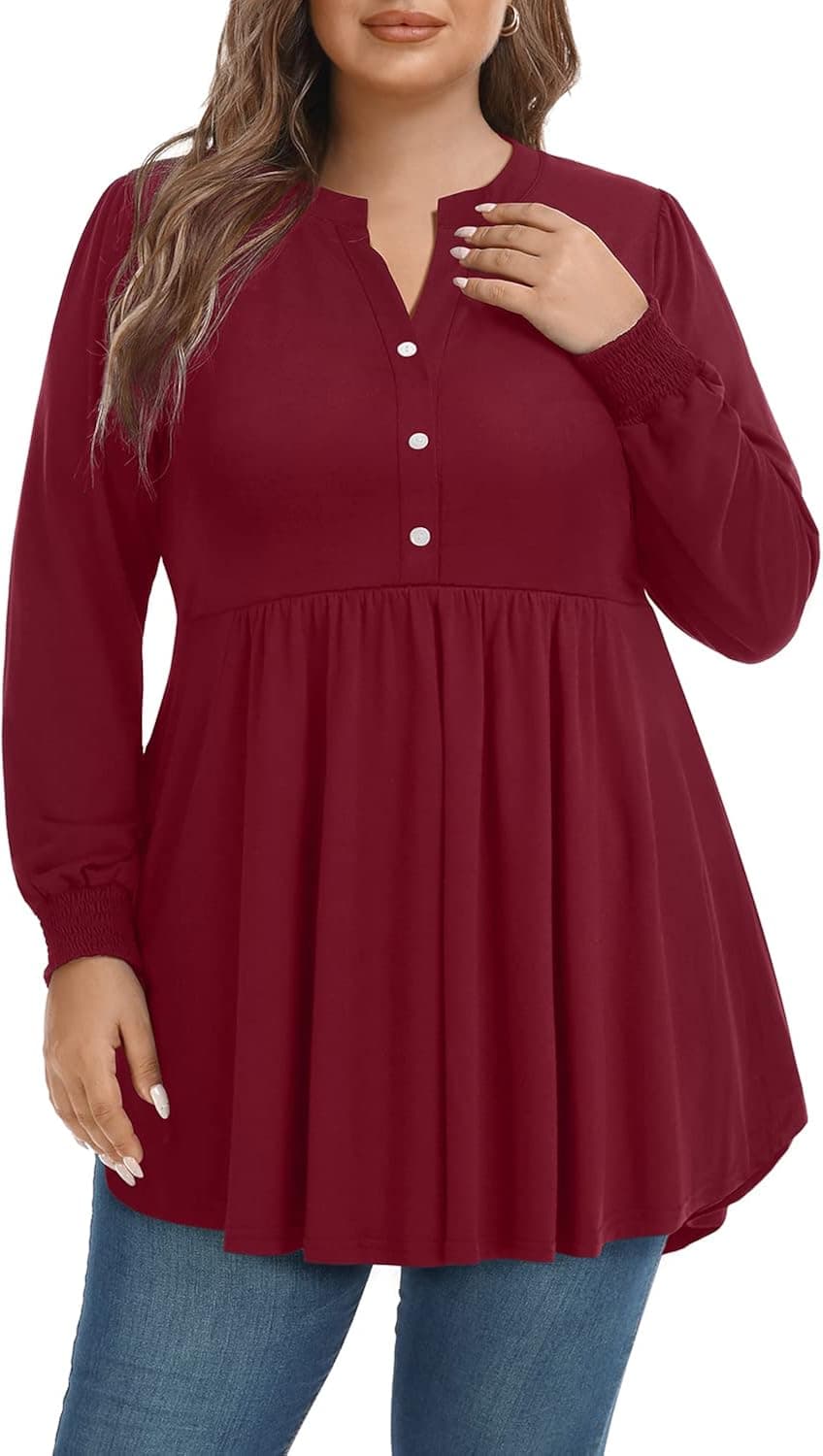 Pinup Fashion Women Long Sleeve Tops Burgundy Christmas Tunic Fall Dressy Casual Button Up Henley V Neck Empire Waist Loose Peplum 2X