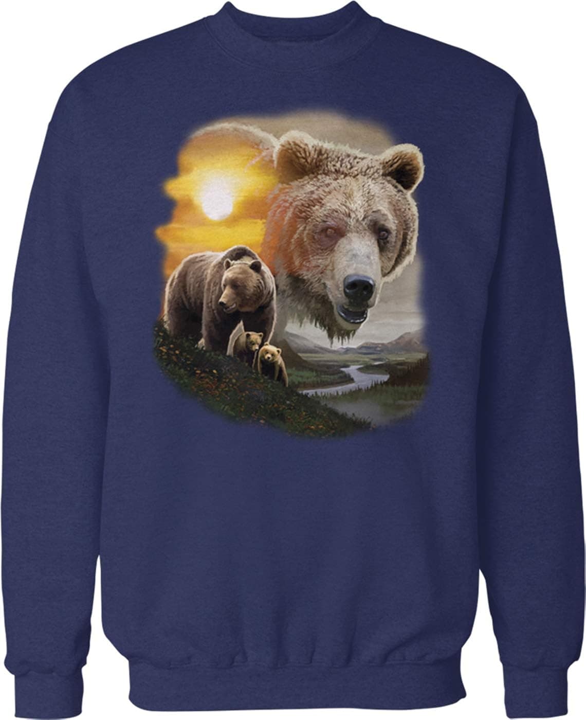 Hoodteez American Grizzly, Sun, Mountain, River Crew Neck Sweatshirt