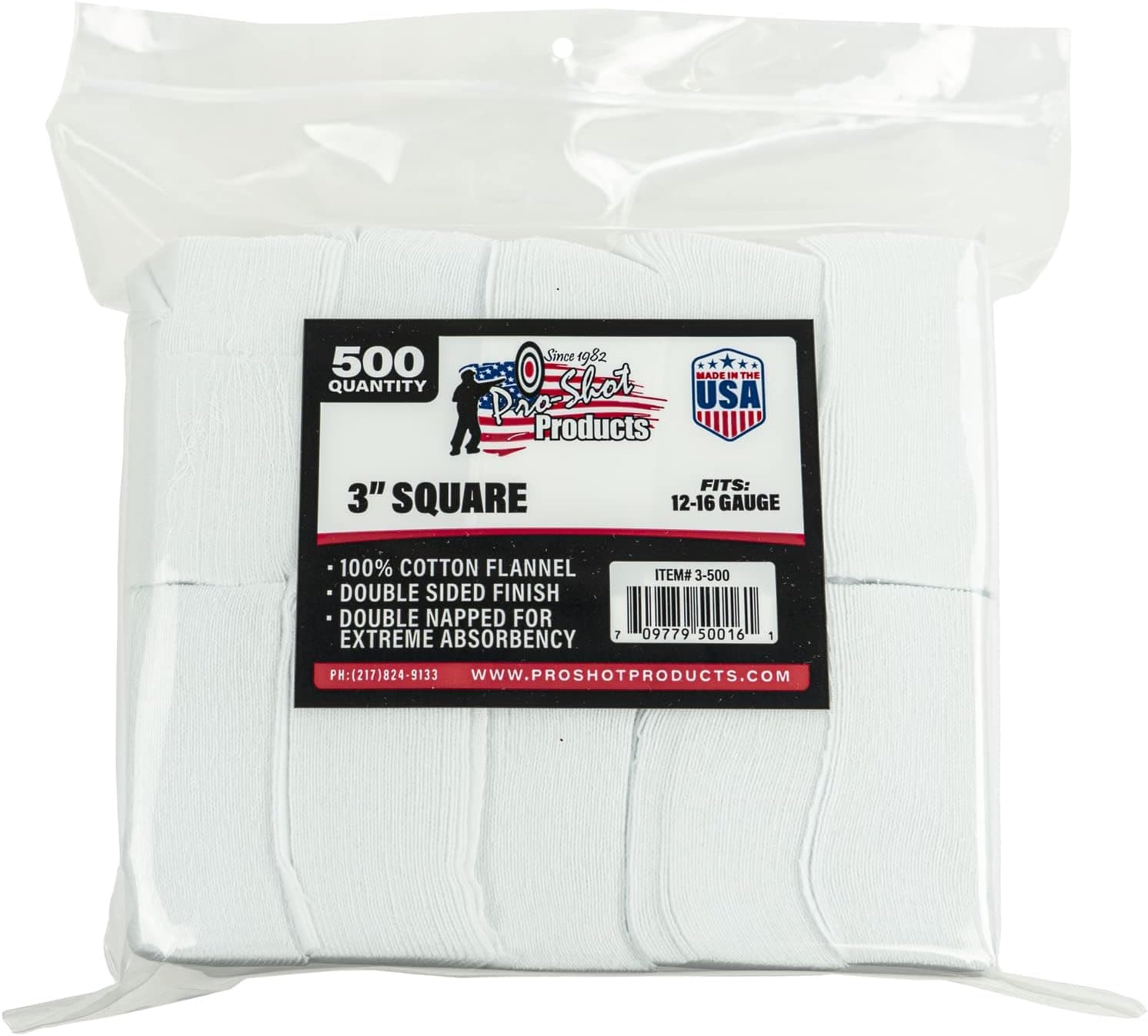 Pro Shot Gun Care Flannel Gun Cleaning 500 Count Patches (12-16- Gauge, 3-Inch SQ.), White