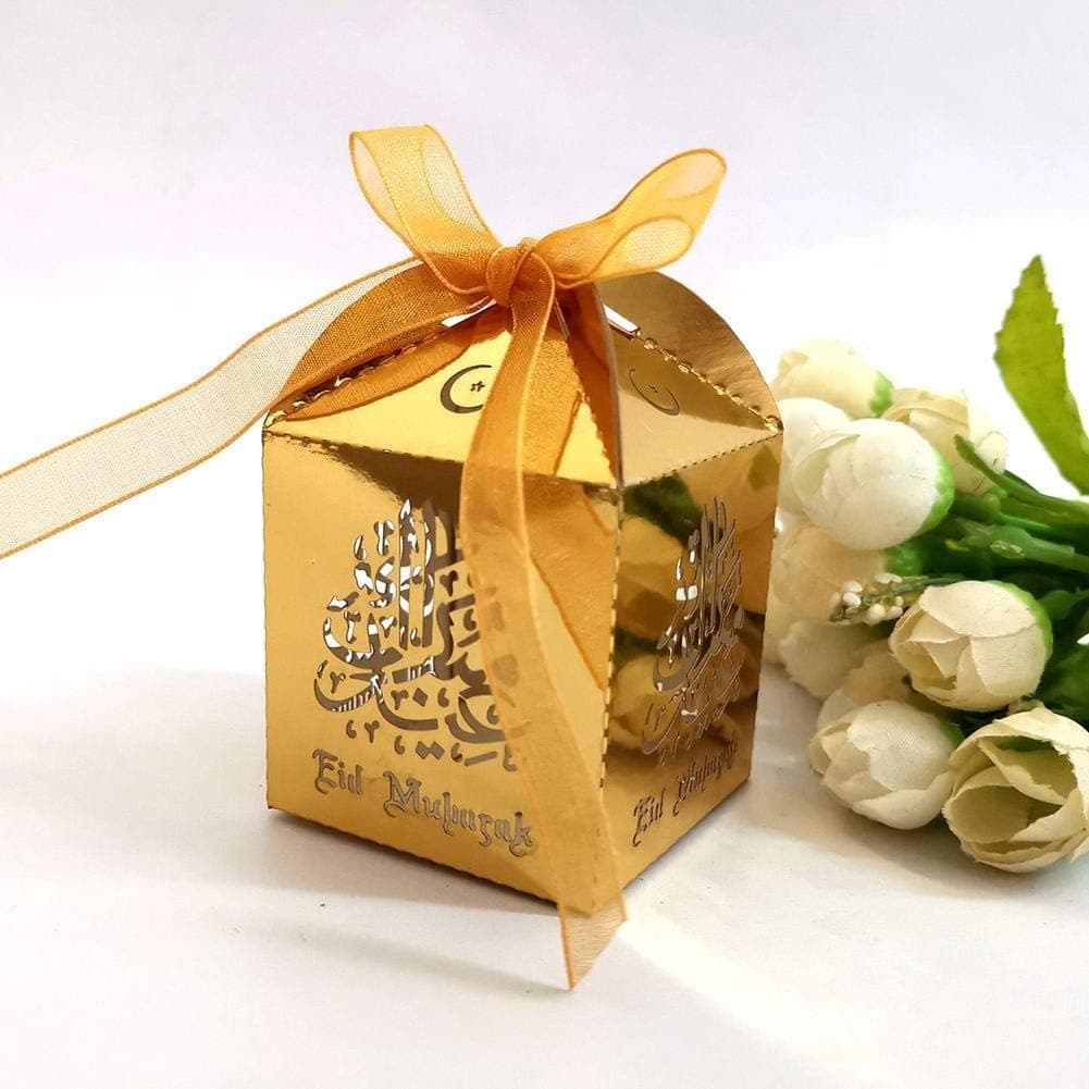 DETTELIN 50PCS Eid Mubarak Candy Box Eid Mubarak Paper Gift Bag Party Wedding Favor Gift Box, Ramadan Kareem Sugar Hollow Storage Case with Party Ribbon Supplies